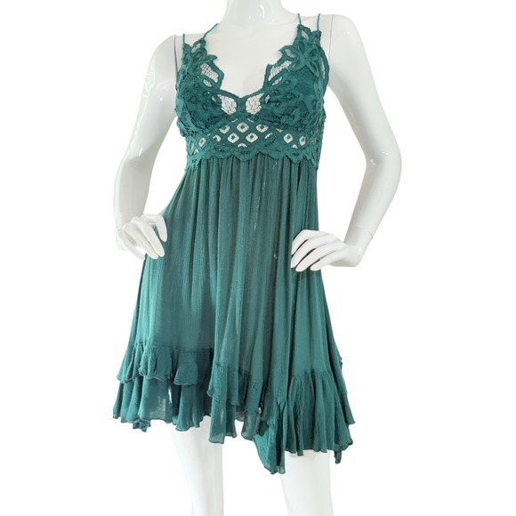 Free People FP One Adella Green Lace Mini Dress Spaghetti Strap Boho - Picture 1 of 9